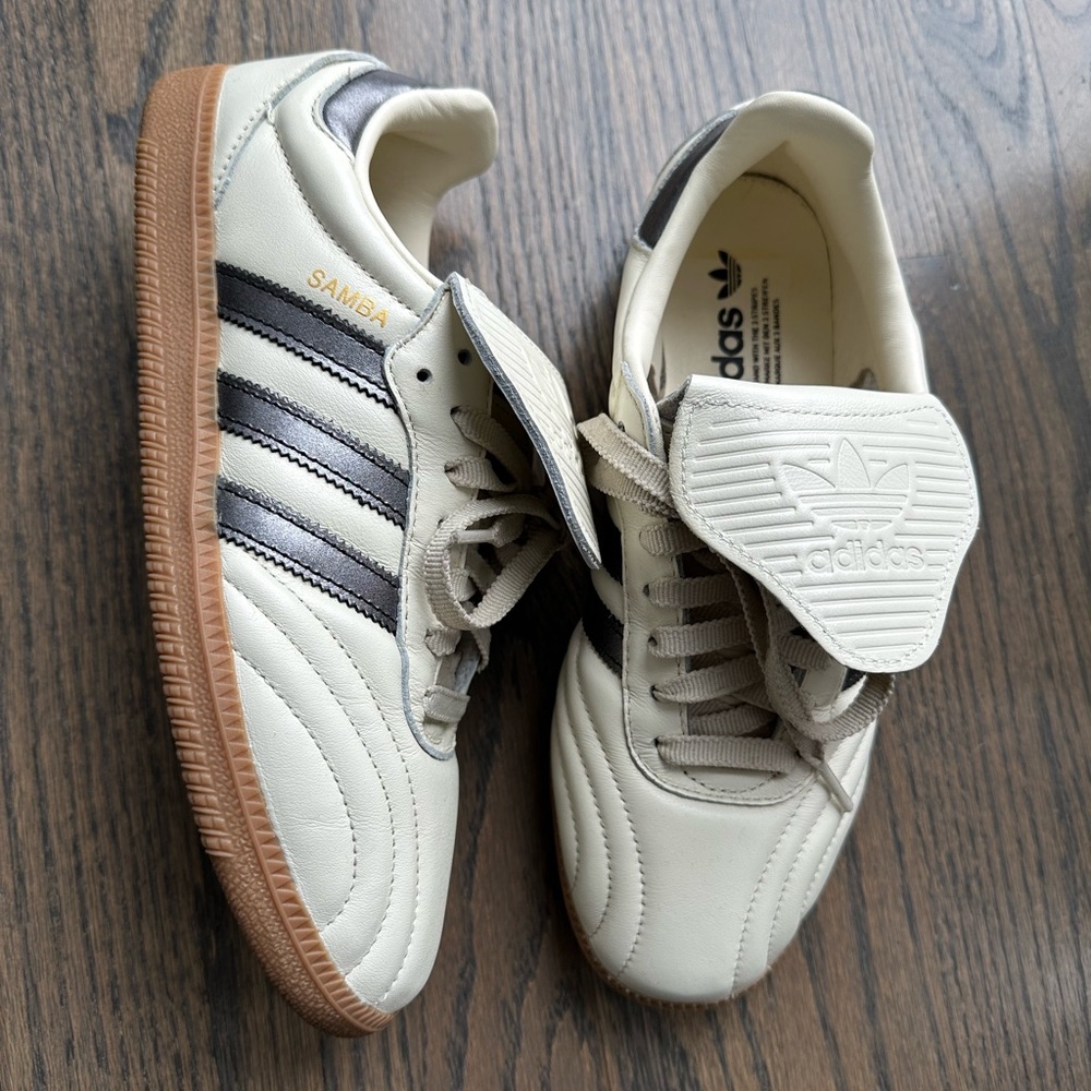 Adidas Samba Long Tongue Sneakers in White Cream with Brown Soles - Picture 2 of 5